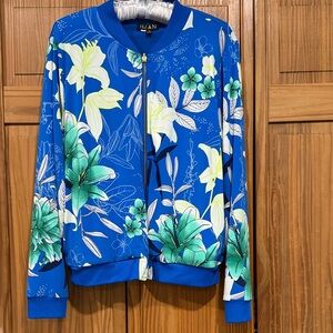 IMAN Women's Vibrant Blue and Green Floral Bomber Jacket